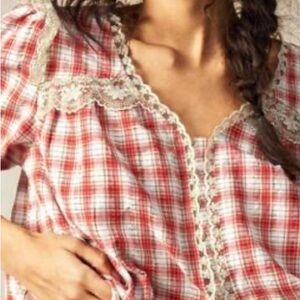 Red Plaid Lace-Trimmed Blouse
